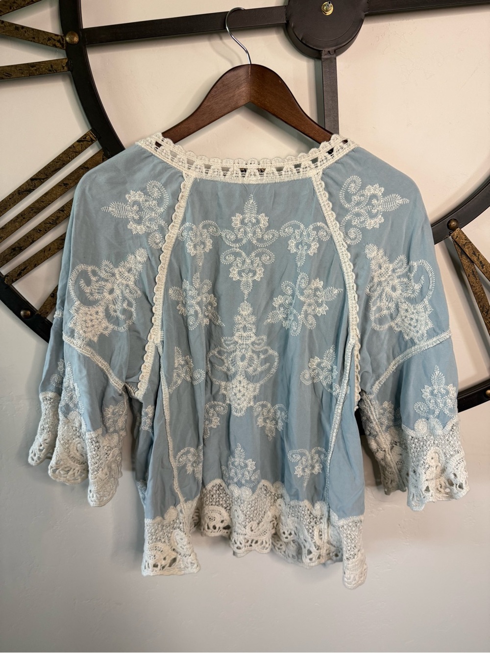 Democracy Pale Blue Embroidered Crochet Peasant Tunic - Picture 5 of 5